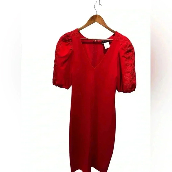 Rebecca B Size 14 Red Pin Up Sheath Dress Puff short sleeves crochet lace - Picture 1 of 5
